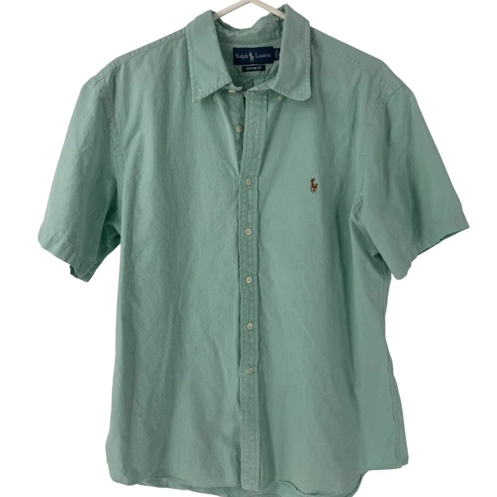 Ralph Lauren Mens XL Custom Fit Short Sleeve Button Down Shirt Mint Green Cotton